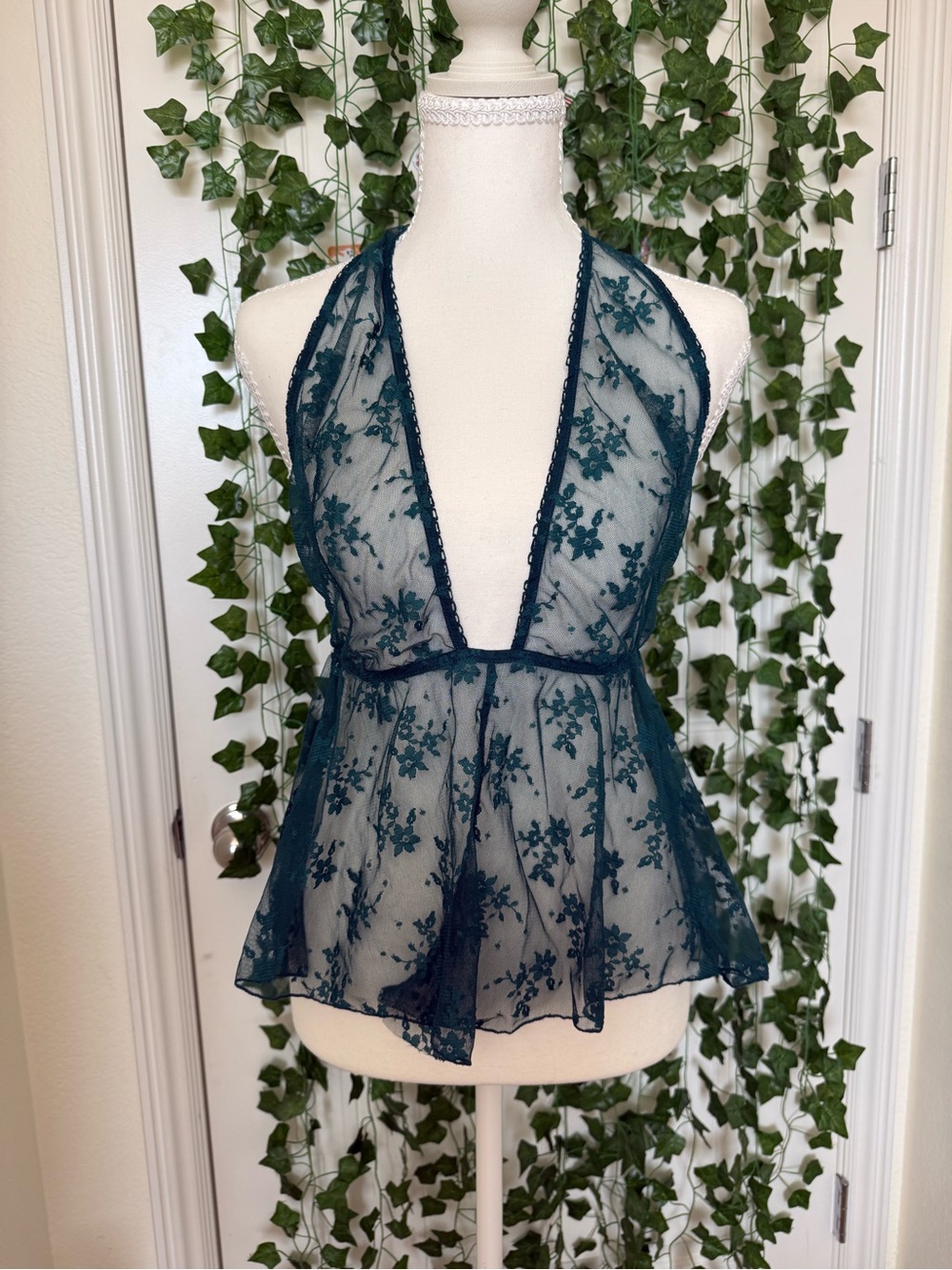 Fleur du Mal Teal Sheer Floral Halter Chemise
